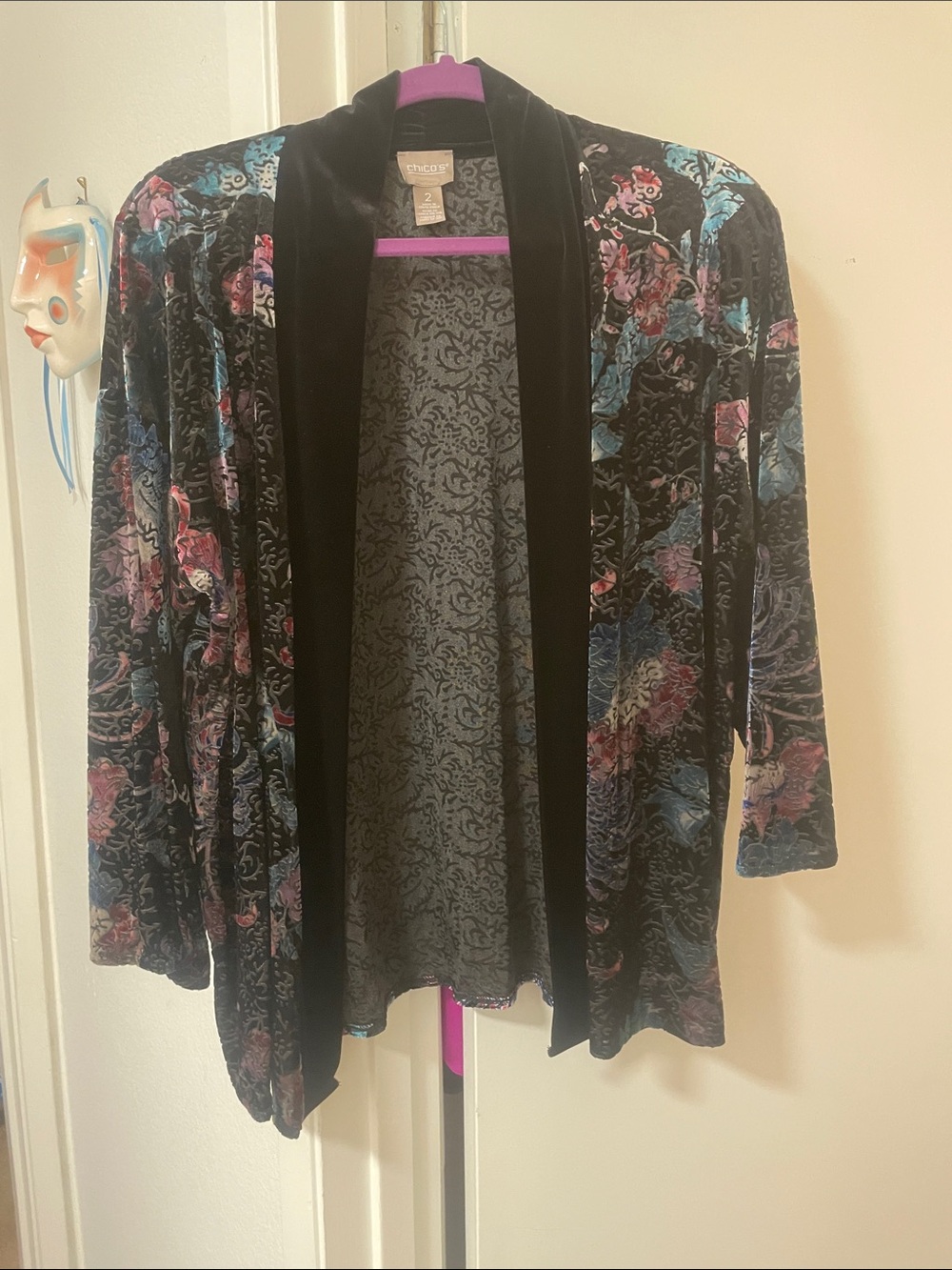 Chico's Black Velvet Floral Open-Front Cardigan with Blue and Pink Accents